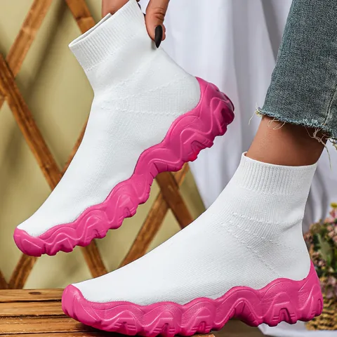 Women Mid-Cut Fly-Knit Sock Shoes Thick Wavy Sole Breathable Slip-on Height Increasing Casual Fashionable Sneakers Footwear