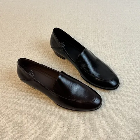 French Style Chunky Heel Loafers For Women Round Toe Cow Split Leather Comfortable Low Heel Office Work Slip On Shoes Fashion Casual