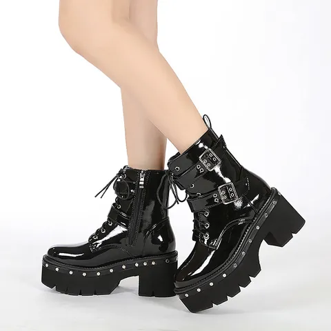 Bottines Femme Plateforme Talon Épais Rivets Boucle Cuir Verni Bottines Martin Noir Brillant Western Punk Gothique Mode