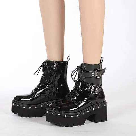 Bottines Femme Plateforme Talon Épais Rivets Boucle Cuir Verni Bottines Martin Noir Brillant Western Punk Gothique Mode