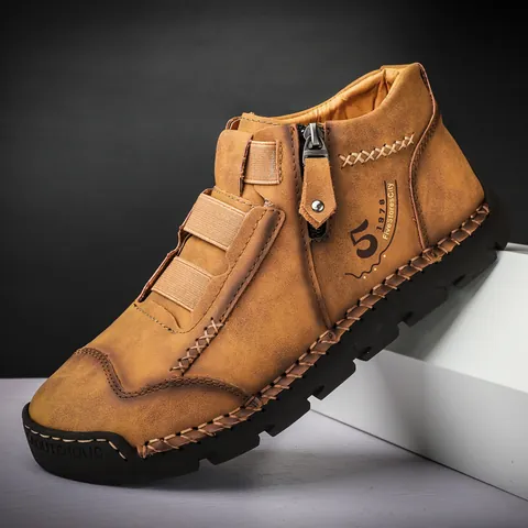 Men High Top Casual Microfiber Leather Shoes Breathable Side Zipper Stitched Thick Sole Outdoor Travel Fashion Sneakers