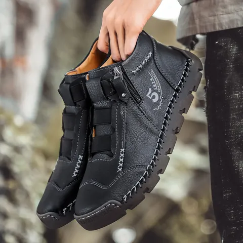 Men High Top Casual Microfiber Leather Shoes Breathable Side Zipper Stitched Thick Sole Outdoor Travel Fashion Sneakers