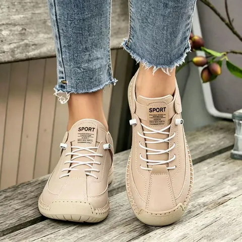 Women's Casual Hand-stitched Loafers PU Leather Soft Sole Flat Shoes Comfortable Slip-on Walking Shoes For Autumn Winter
