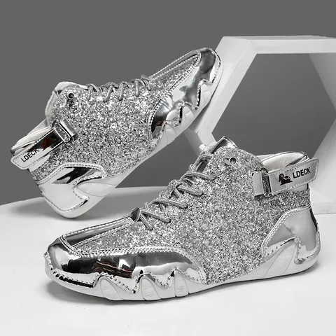 LDECK Men Women Fashion High Top Glitter Sneakers Bling Metallic Martin Boots Casual Breathable Streetwear Flat Stitched Shoes
