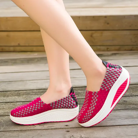 Handmade Woven Breathable Women Sneakers Rocker Bottom Slip On Casual Walking Shoes Wedge Platform Mesh Footwear For Travel Daily