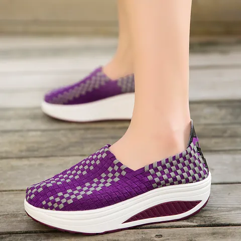 Handmade Woven Breathable Women Sneakers Rocker Bottom Slip On Casual Walking Shoes Wedge Platform Mesh Footwear For Travel Daily