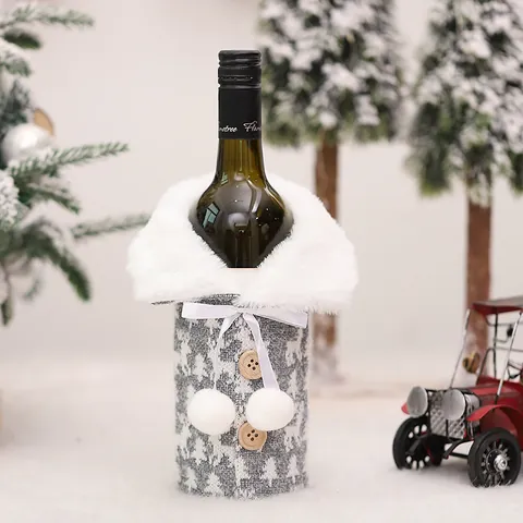 Christmas Wine Bottle Cover Knit Reindeer Faux Fur Collar Bag For Red Wine Champagne Xmas Party Table Home Decor Gift