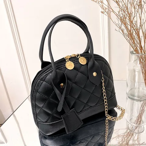 Women Shell Bag Embroidered Diamond Lattice PU Leather Top Handle Crossbody Purse Gold Chain Strap Fashion Handbag