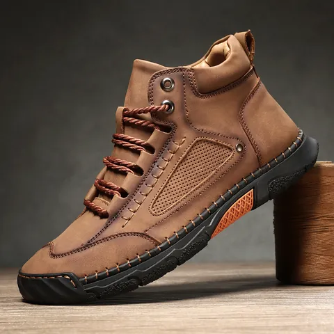 Vintage Herren Mikrofaser Leder Stiefeletten Outdoor Mode Schnürstiefel Martin Stiefel Modische Genähte Flache Lässige Winterschuhe