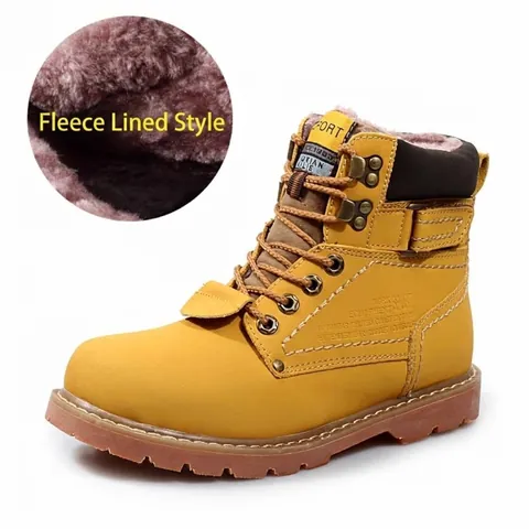 Botas Martin de Cuero Mate Estilo Británico para Hombre Forro de Felpa Cálido Botas de Trabajo Amarillo Caña Media Exterior Suela de Caucho Botas Casuales