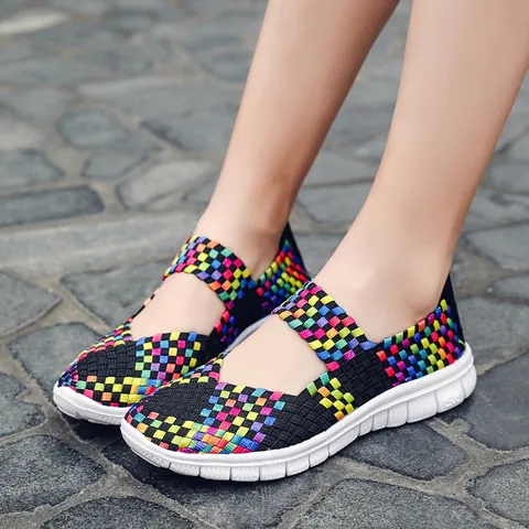 Chaussures Décontractées pour Femmes Tissées à la Main Été Respirant Maille Plates Sneakers Mary Jane Légères Confortables Chaussures de Marche