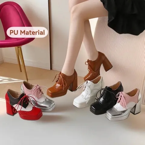 Chaussures Lolita Vintage Brogue Plateforme Talons Hauts pour Femmes Talon Épais Cuir PU Mary Jane Bout Carré Lacets Grande Taille