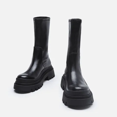 Women Mid-Calf Martin Boots Platform Knight Boots Synthetic Leather Stretch Slip-On Slimming High Heel Fashion Boots