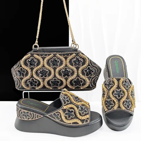 Damen Keilsandaletten Mit Strass Und Ketten Abendtasche Set Glitzer Party Sandaletten Mit Passender Clutch Tasche Für Hochzeit Bankett Luxus Blumenmuster Schuh Und Taschen Set