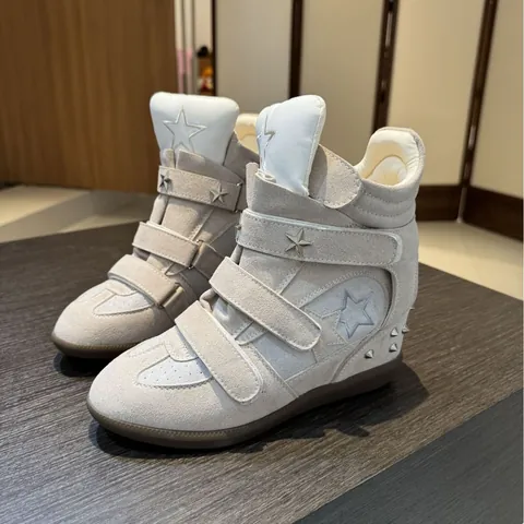 Women Hidden Wedge High Top Sneakers Star Studded Velcro Straps Casual Sport Shoes Retro Color Block Suede Mesh Patchwork