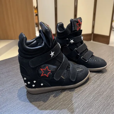 Women Hidden Wedge High Top Sneakers Star Studded Velcro Straps Casual Sport Shoes Retro Color Block Suede Mesh Patchwork
