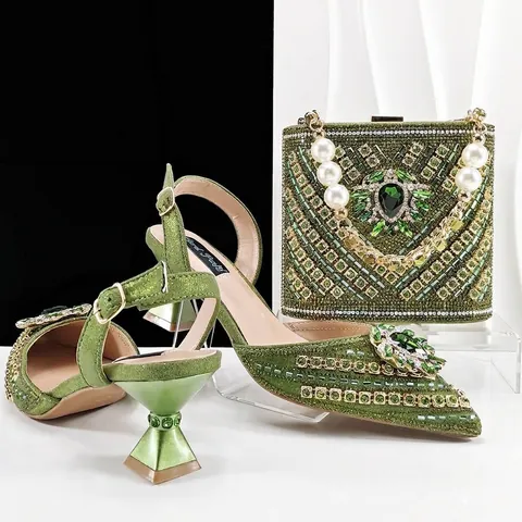 Luxury Women Satin Rhinestone High Heel Slingback Sandals And Bucket Bag Set Artificial Pearl Geometric Heel Party Evening Set