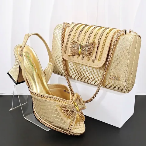 Women Snake Pattern Bronzing Bow Chunky Heel Sandals And Chain Clutch Bag Banquet Party Wedding Shoes Bag Combo