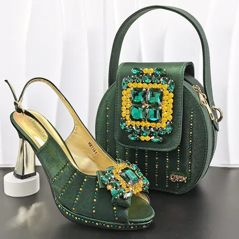Damen Luxus Satin High Heel Sandalen Mit Passender Runder Abendtasche Set Strass Schnalle Plateau Bankett Hochzeitsschuhe