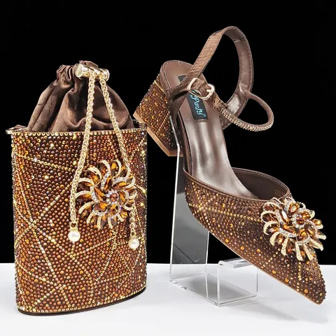 Juego de Tacones Altos de Lujo con Diamantes de Imitación para Mujer y Bolso a Juego Punta Estrecha Tacón Grueso Boda Banquete Kit