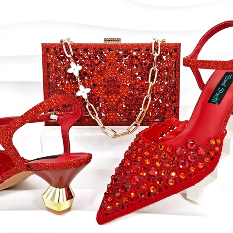 Luxus Strass High Heel Schuhe Und Abendtasche Set Spitze Stiletto Pumps Clutch Tasche Für Damen Hochzeit Party Bankett