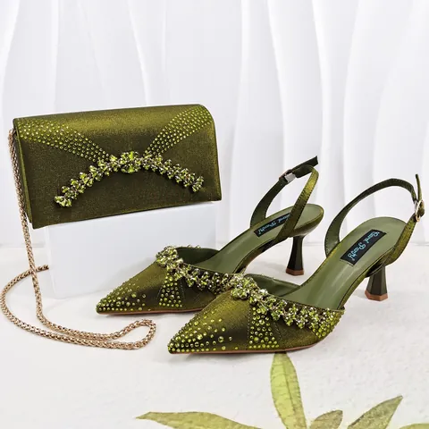 Women Pointed Toe High Heel Sandals And Envelope Clutch Bag Rhinestone Microfiber Slingback Wedding Party Dress Shoes Bag