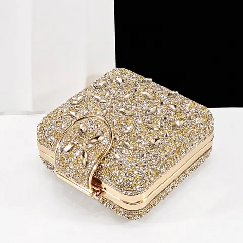 Luxury Full Rhinestone Crystal Evening Clutch Bag For Women Square Hard Shell Wedding Party Purse With Gold Chain Strap