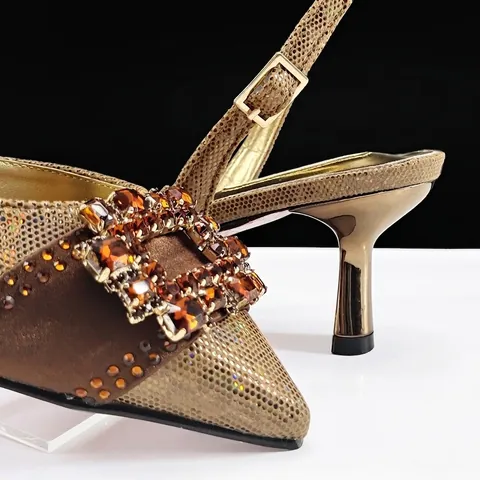 Damen Spitze Stöckelschuhe High Heels Strass Quadratische Schnalle Bankett Schuhe und Metallische Textur Abendtasche Set Hochzeit