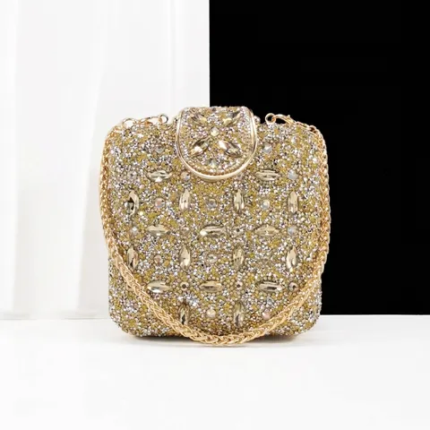 Luxury Full Rhinestone Crystal Evening Clutch Bag For Women Square Hard Shell Wedding Party Purse With Gold Chain Strap
