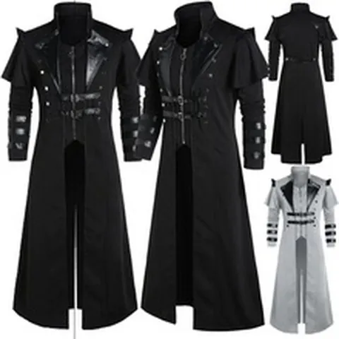 Men's Medieval Renaissance Punk Long Trench Coat Gothic Vintage Wool Blend Outerwear Stage Costume