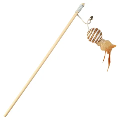 Natural Wood Cat Teaser Wand With Sisal Woven Mouse Ball Lollipop Feather Bell Interactive Interactive Toy For Indoor Cats Kitten