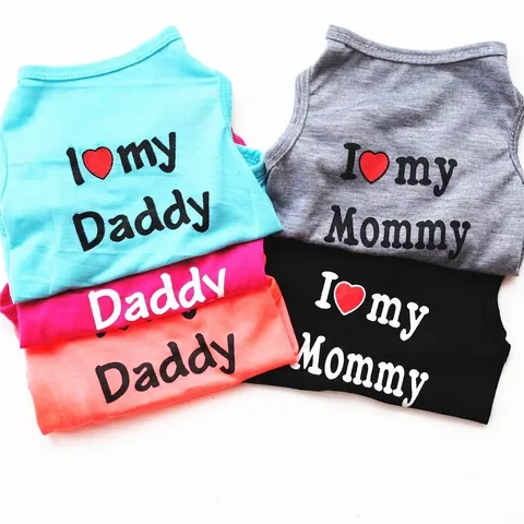 Summer Pet Dog Vest Polyester Soft Breathable Puppy Cat Shirt I Love My Mommy Daddy Heart Print Casual Sleeveless Clothing