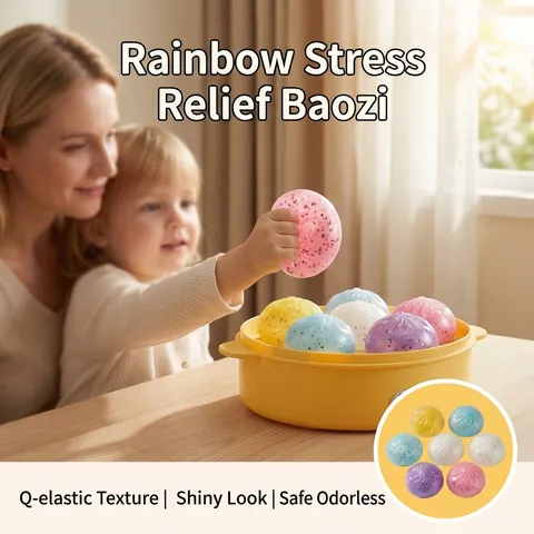 Cartoon Smile Face Simulation Steamer Bun Squishy Stress Relief Toy TPR Glitter Filling Sensory Squeeze Toy For Kids Adults