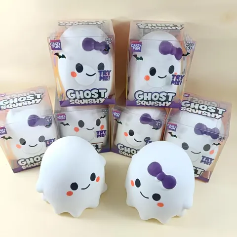 Cute Ghost Squishy Stress Relief Toy Halloween Funny Squeeze Toy For Kids TPR Material Ghost Toy With Purple Bow