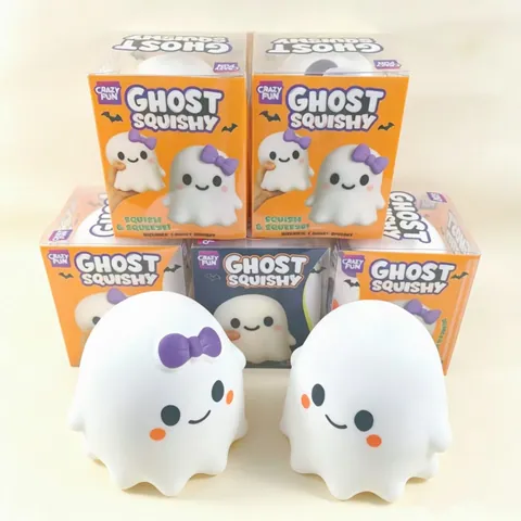 Cute Ghost Squishy Stress Relief Toy Halloween Funny Squeeze Toy For Kids TPR Material Ghost Toy With Purple Bow