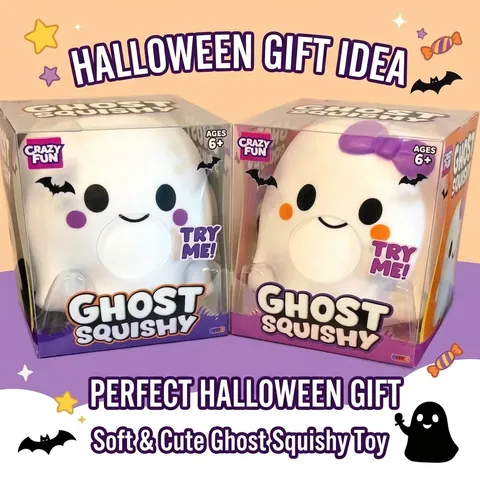 Crazy Fun Ghost Squishy Soft Slow Rising Toy For Kids Halloween Party Favors Ghost Shaped Stress Relief Squeeze Toy White Purple Birthday Gift