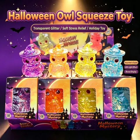 Jouet Squishy Hibou d'Halloween Soulagement du Stress TPR Transparent avec Paillettes Mystery Box Cadeau de Fête Enfants Adultes