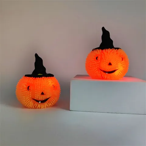 Juguete Squishy de Calabaza Brillante de Halloween para Aliviar el Estrés Bola Peluda de TPR Intermitente con Sombrero de Bruja