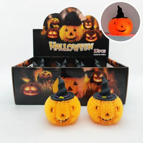 Juguete Squishy de Calabaza Brillante de Halloween para Aliviar el Estrés Bola Peluda de TPR Intermitente con Sombrero de Bruja