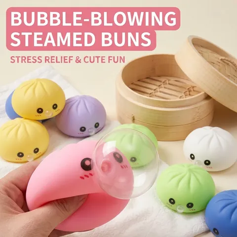 Giocattolo Squishy a Forma di Baozi Simpatica Espressione da Cartone Animato Giocattolo Antistress Sputa Bolle per Bambini e Adulti