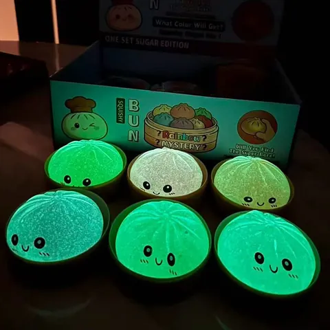 Panino al Vapore Squishy Giocattolo Antistress Noctilucente in Gomma Morbida con Glitter Simulazione Cibo con Vaporiera