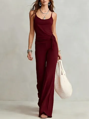 Set Canotta Minimalista a Tinta Unita da Donna e Pantaloni a Gamba Larga Poliestere Casual a Vita Alta Senza Maniche