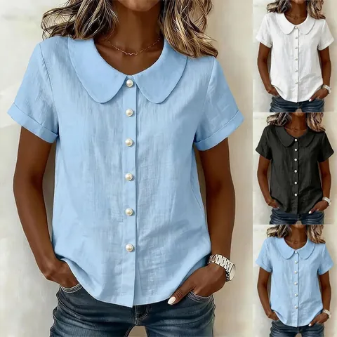 Damen Casual Kurzarm Bluse Mit Peter-Pan-Kragen Sommer Einfarbig Lockerer Schnitt Polyester Hemd Mit Perlknöpfen