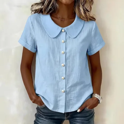 Damen Casual Kurzarm Bluse Mit Peter-Pan-Kragen Sommer Einfarbig Lockerer Schnitt Polyester Hemd Mit Perlknöpfen
