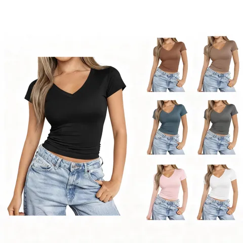 Women Slim Fit V-Neck Short Sleeve T-Shirt Solid Color Milk Silk Polyester Brushed Casual Top Base Layer Shirt For Women