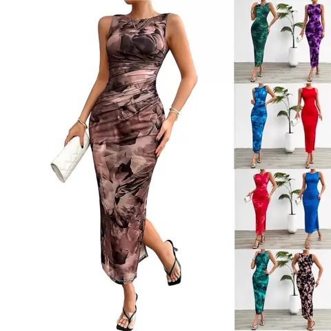 Damen Ärmellos Bodycon Kleid Abstrakter Marmordruck Gerafft Seitenschlitz Sexy Sommer Slim Fit Polyester Rundhals Midi Kleid
