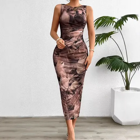 Damen Ärmellos Bodycon Kleid Abstrakter Marmordruck Gerafft Seitenschlitz Sexy Sommer Slim Fit Polyester Rundhals Midi Kleid