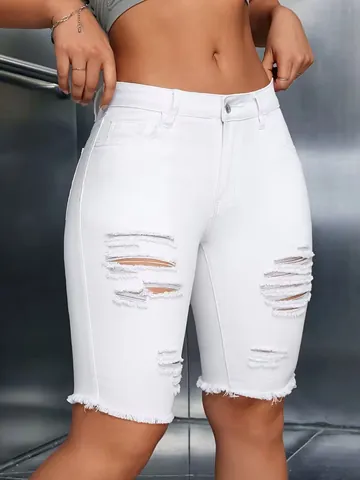 Short en Jean Déchiré pour Femme Style Européen Ourlet Effiloché Bermuda Short Extensible Longueur Genou Jean Moulant