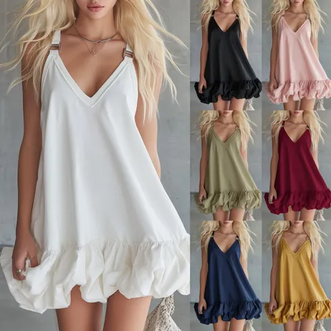 Women Elegant Casual Solid Color V-Neck Ruffle Hem Mini Dress Summer Sleeveless Beach Sundress With Metal Buckle Straps