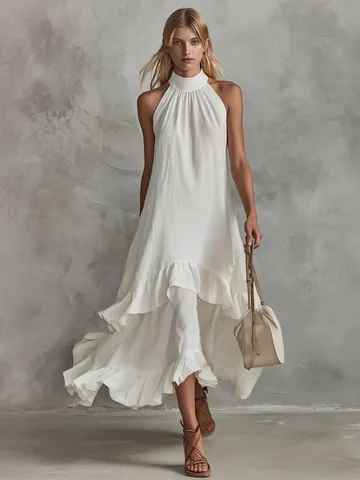 Women's Summer Halter Neck Sleeveless Ruffle Hem Midi Dress Vintage Elegant Solid Color Bohemian Beach Holiday Party Dress